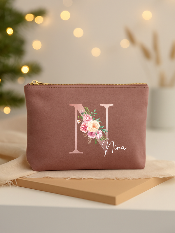 Kosmetiktasche Samt mit Blumeninitial und Wunschname
