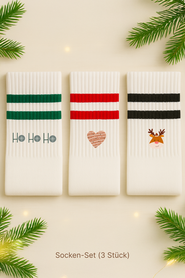 3er-Set Weihnachtssocken – HoHoHo, Herz & Rentier