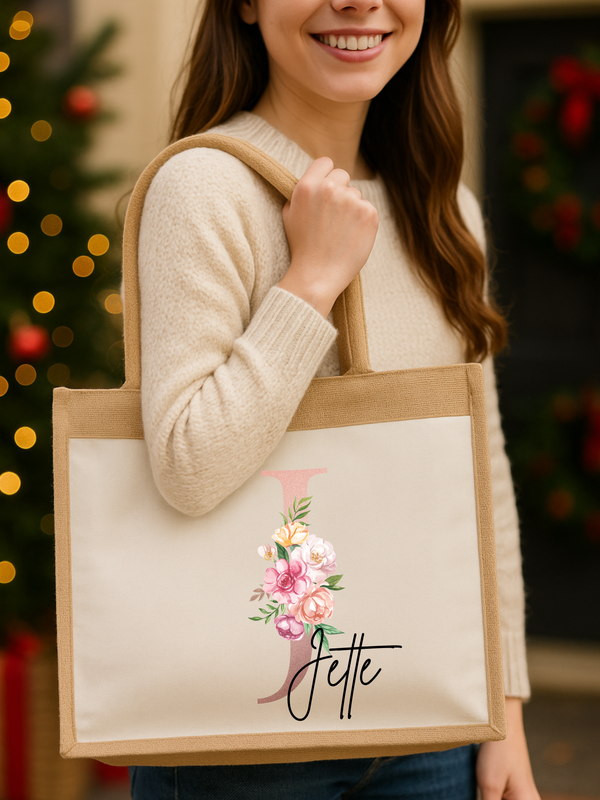 Personalisierte Jutetasche mit Blumeninitial & Name 🌸