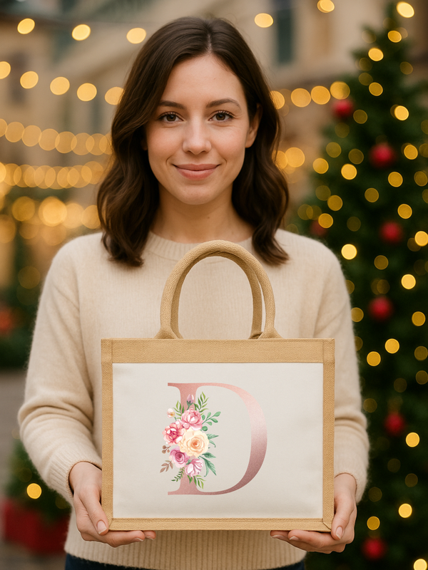 Jutetasche mit Blumen Initial