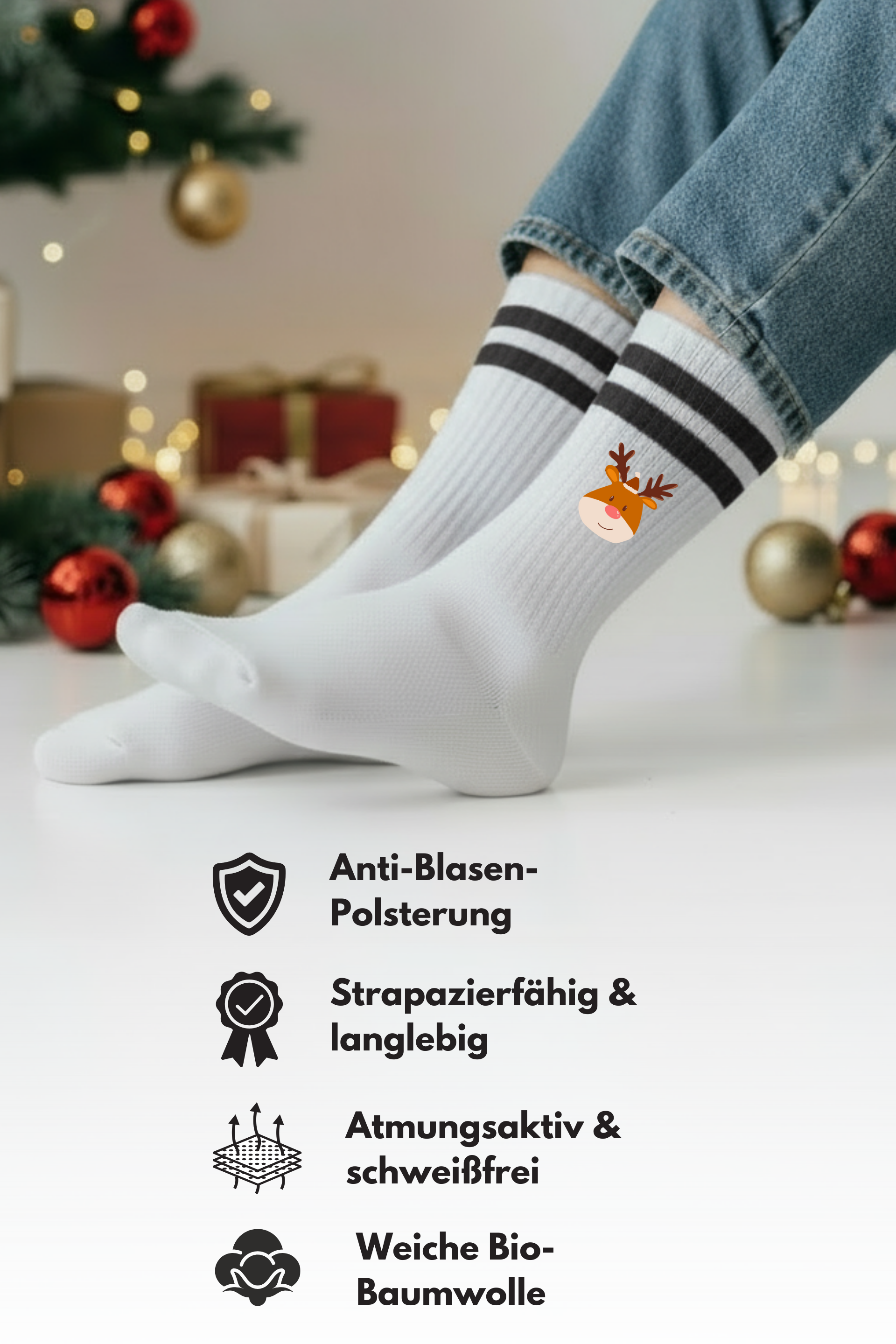 6 Paar Weihnachtssocken Mit Rentier Design - Festliche Tennissocken EU 35-42