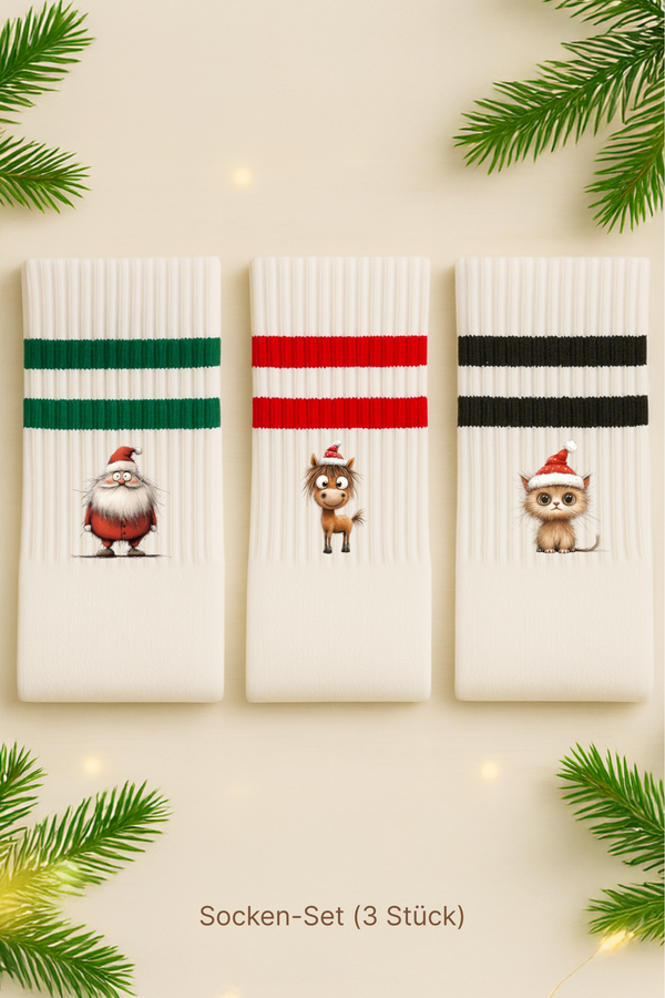 3er-Set Socken – Santa, Rentier, Katze